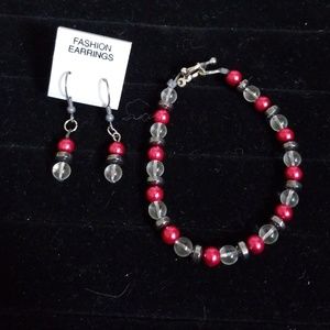 Red pearl, hemitite and clear set